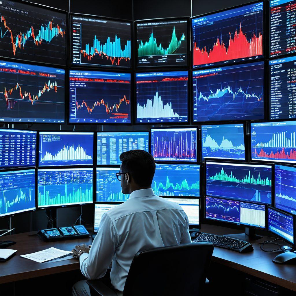 A dynamic trading desk setup with multiple screens displaying fluctuating market data, overlaid with protective shield imagery symbolizing insurance. Include elements like graphs showing volatility and a trader analyzing data intently, all set against a backdrop of stormy financial market graphics. The color palette should convey urgency and strategy with vibrant blues and reds. super-realistic. vibrant colors. 3D.