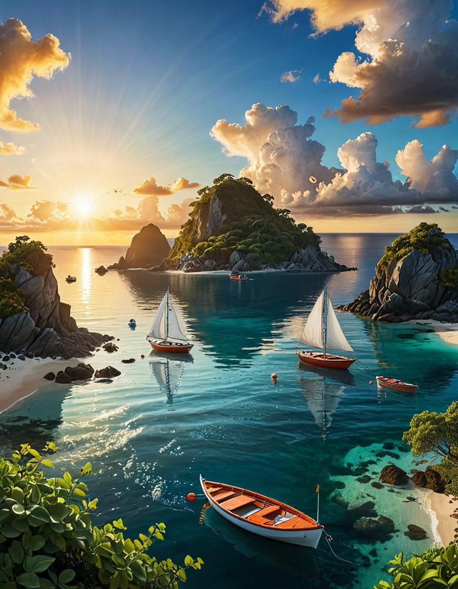 A serene landscape depicting a vast, calm ocean with various insurance-related symbols like shields, lifebuoys, and documents as floating islands. The sky is bright with a radiant sun representing clarity in understanding policies and claims. A small boat, symbolizing the reader, navigates through these islands, blending elements of adventure and security. The scene is vibrant and inviting, urging the audience to dive into the world of insurance. super-realistic. vibrant colors. peaceful scenery.