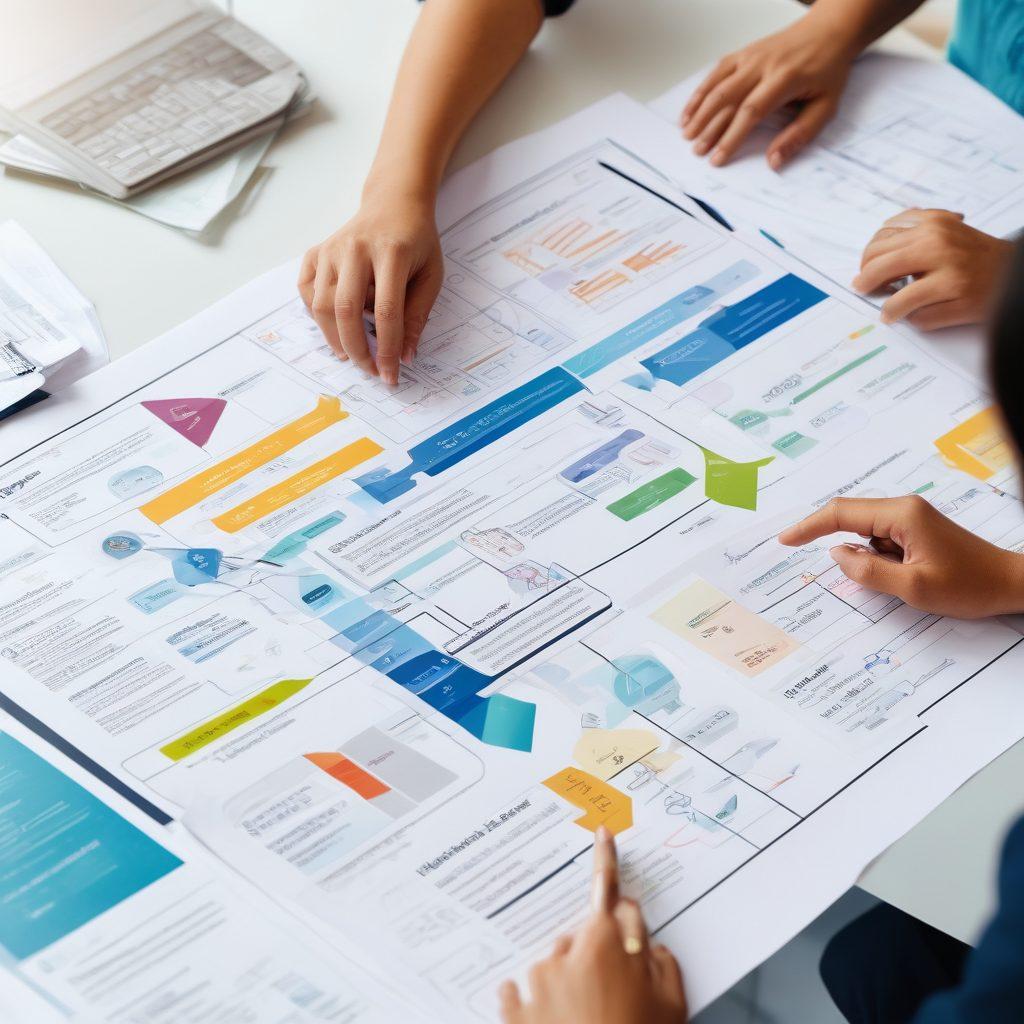 A detailed map illustrating the claims process with arrows leading through each step, showcasing icons for forms, approvals, and communication. In the background, a diverse group of people engaged in discussions, holding documents, and using laptops, conveying collaboration and expert guidance. Soft and inviting colors to create a calm yet professional atmosphere. infographic style. vibrant colors. clean background.